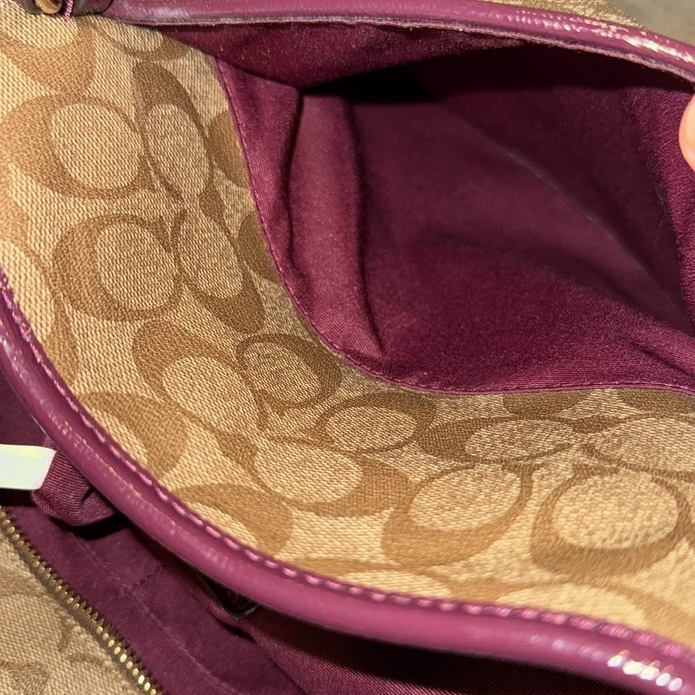 Coach Bag Large Brown Signature Leather Purple Patent Leather Trimmed Tote - Picture 11 of 17